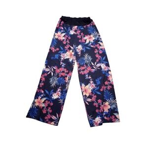 Ashley‎ Blue Small Floral Wide Leg Pants Boho Bohemian Lounge Casual Trousers